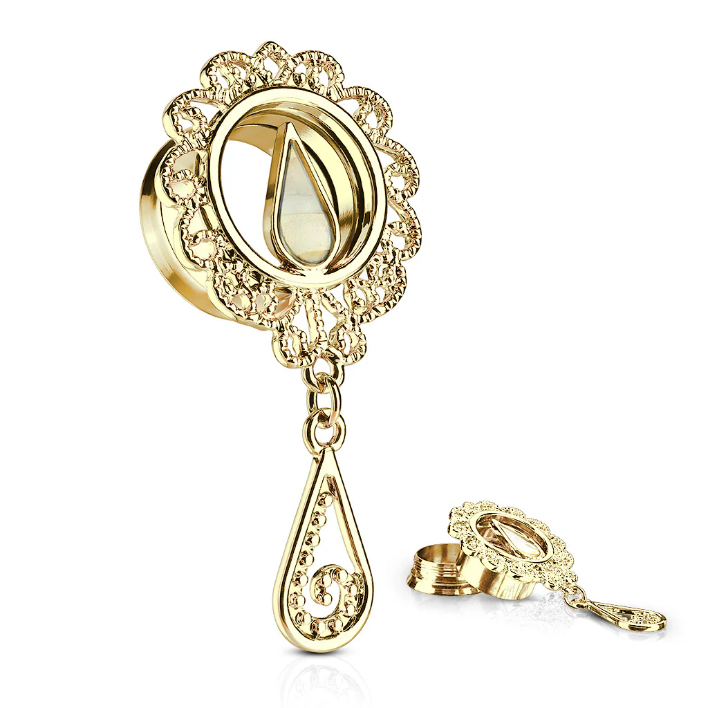 Pair Of Mother of Pearl Inlaid Tear Drop CZ Dangle Gold Screw Fit Flesh Ear Tunnels