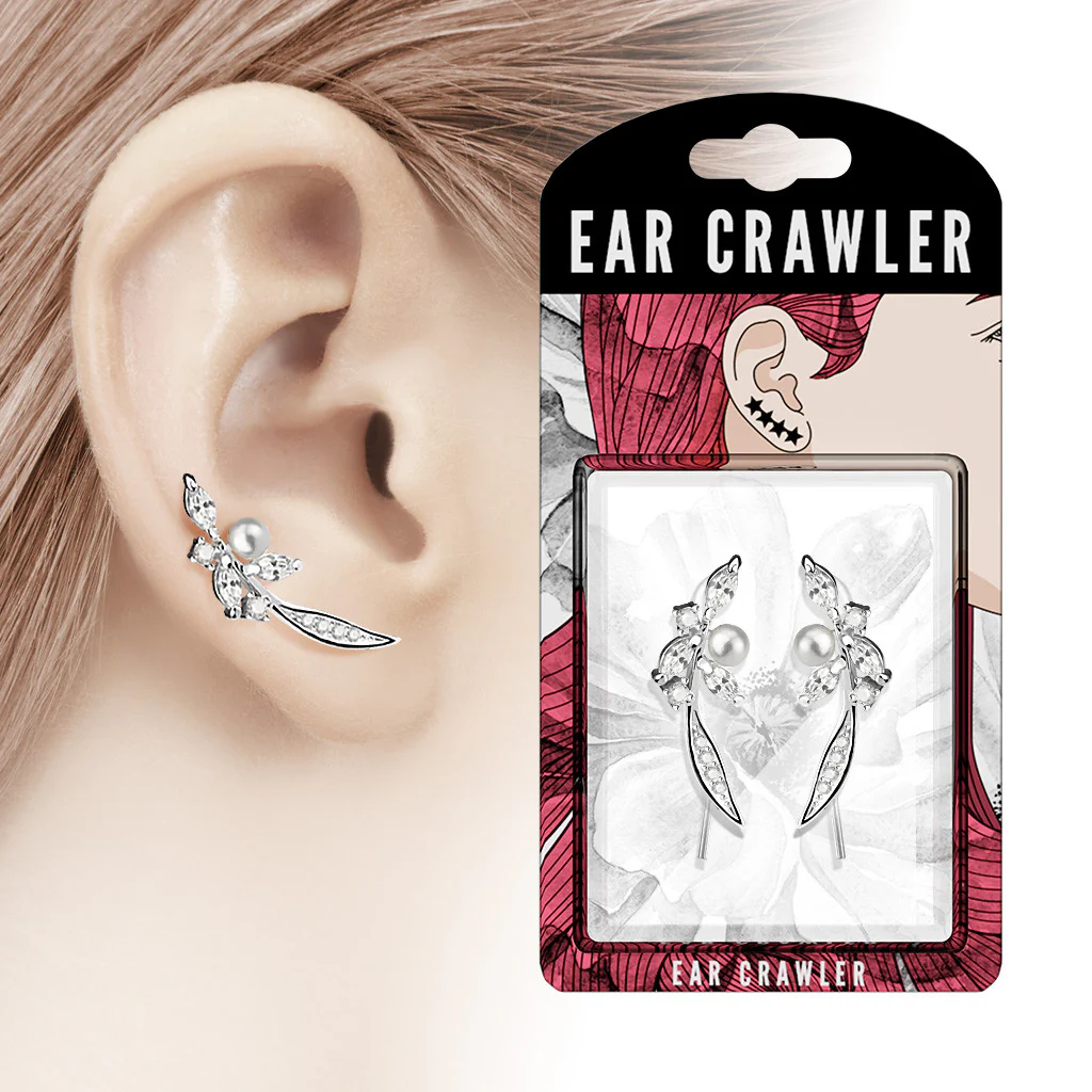 Pair of Paved CZ and Pearl Feather Ear Crawler Ear Climber Earrings - Image 3