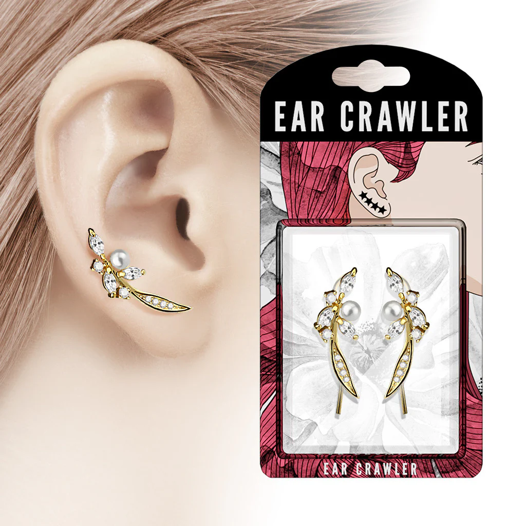 Pair of Paved CZ and Pearl Feather Ear Crawler Ear Climber Earrings - Image 4