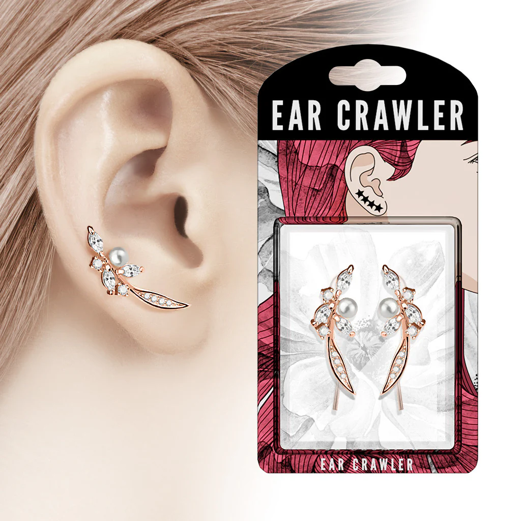 Pair of Paved CZ and Pearl Feather Ear Crawler Ear Climber Earrings - Image 5