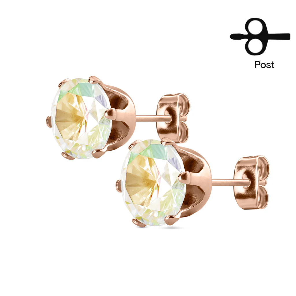 Pair of Rose Gold IP Stainless Steel Stud Earring with Round CZ - Image 2