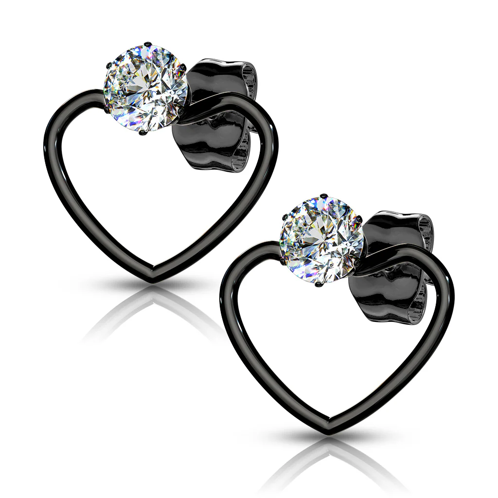 Pair of Round CZ With Heart Hoop Stainless Steel Post Earring Studs - Image 4