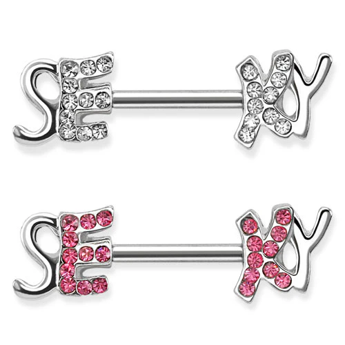 Pair of "SEXY" with CZ Barbell Nipple Rings