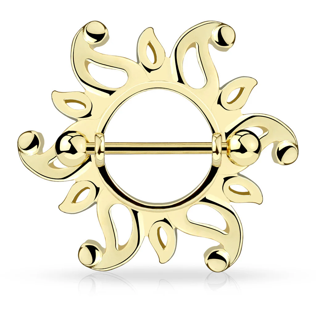 Pair of Swirling Sunburst Tribal Shield Nipple Ring Barbell - Image 2