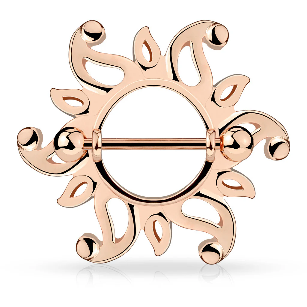 Pair of Swirling Sunburst Tribal Shield Nipple Ring Barbell - Image 3