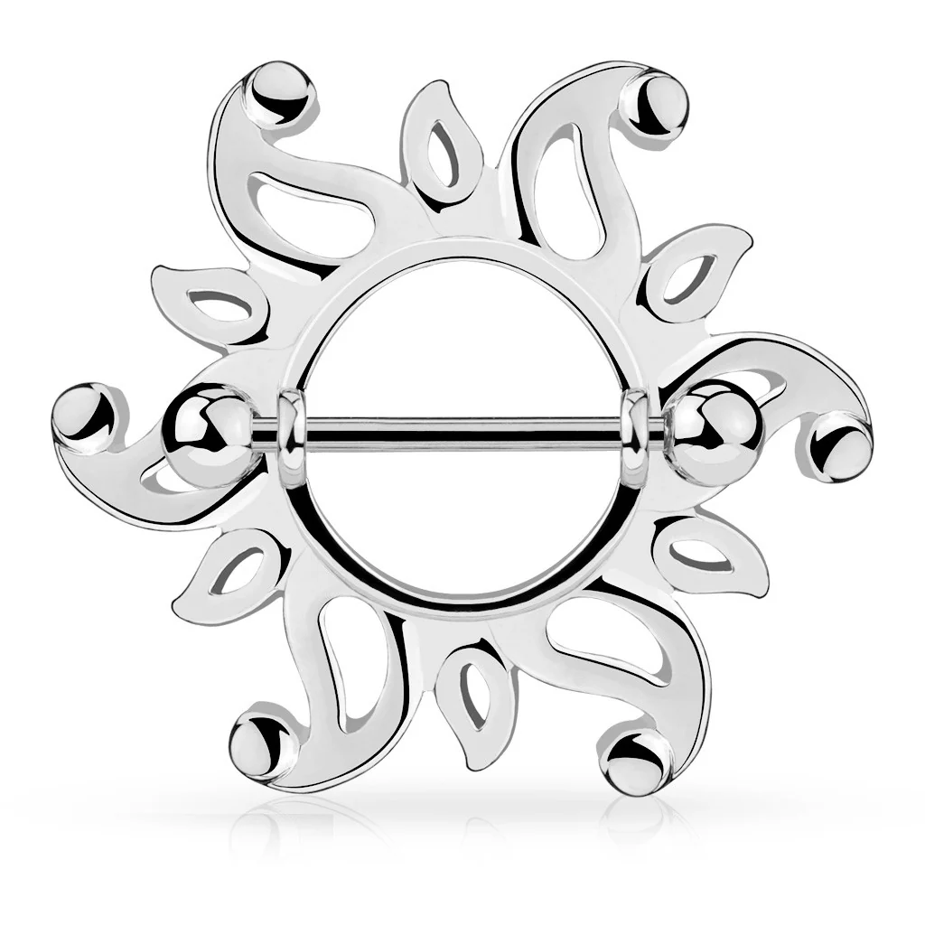 Pair of Swirling Sunburst Tribal Shield Nipple Ring Barbell - Image 4