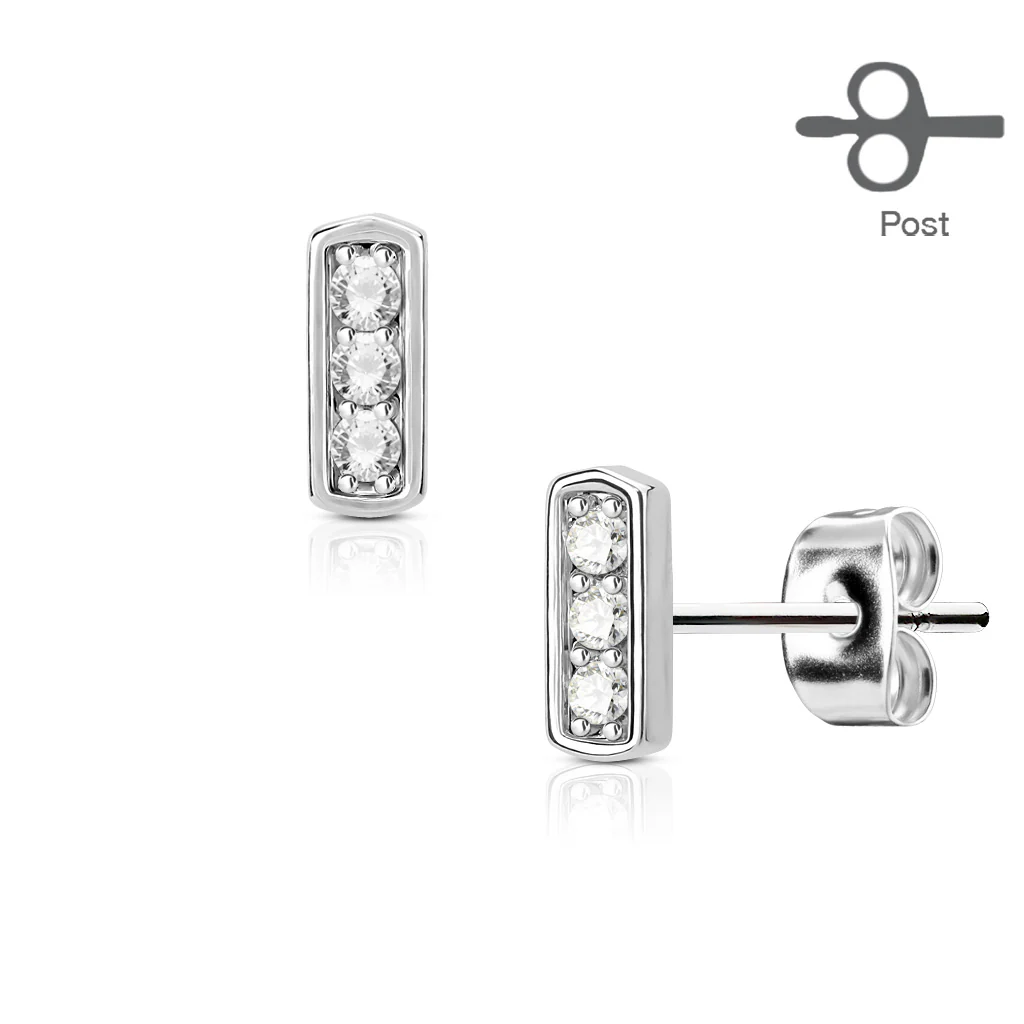Pair of Three CZ Set Square Bar 316L Surgical Steel Stud Earring - Image 2