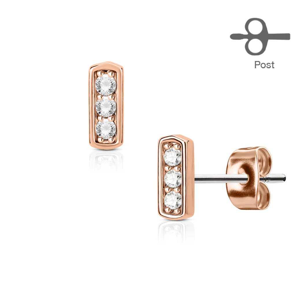 Pair of Three CZ Set Square Bar 316L Surgical Steel Stud Earring - Image 4