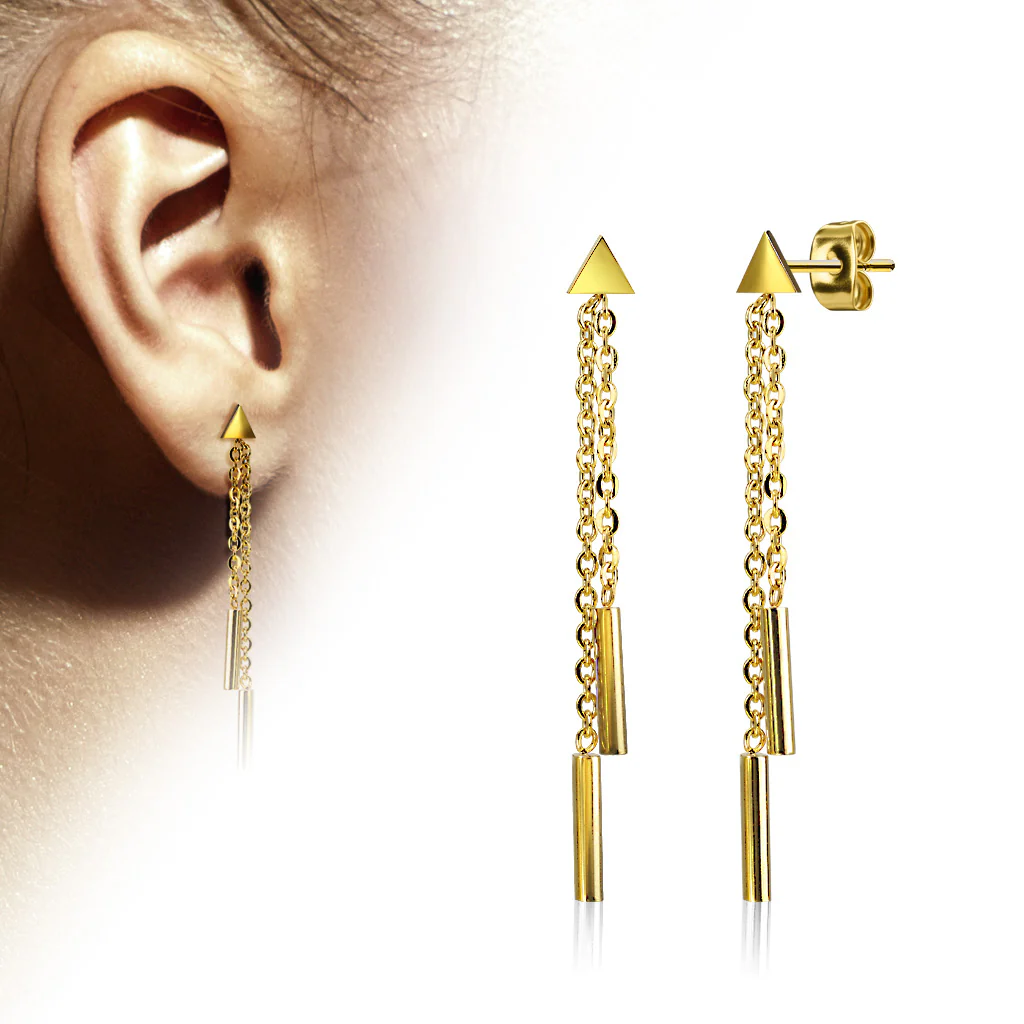 Pair of Triangle 2 Chain Drop Round Bar Earring Studs - Image 2