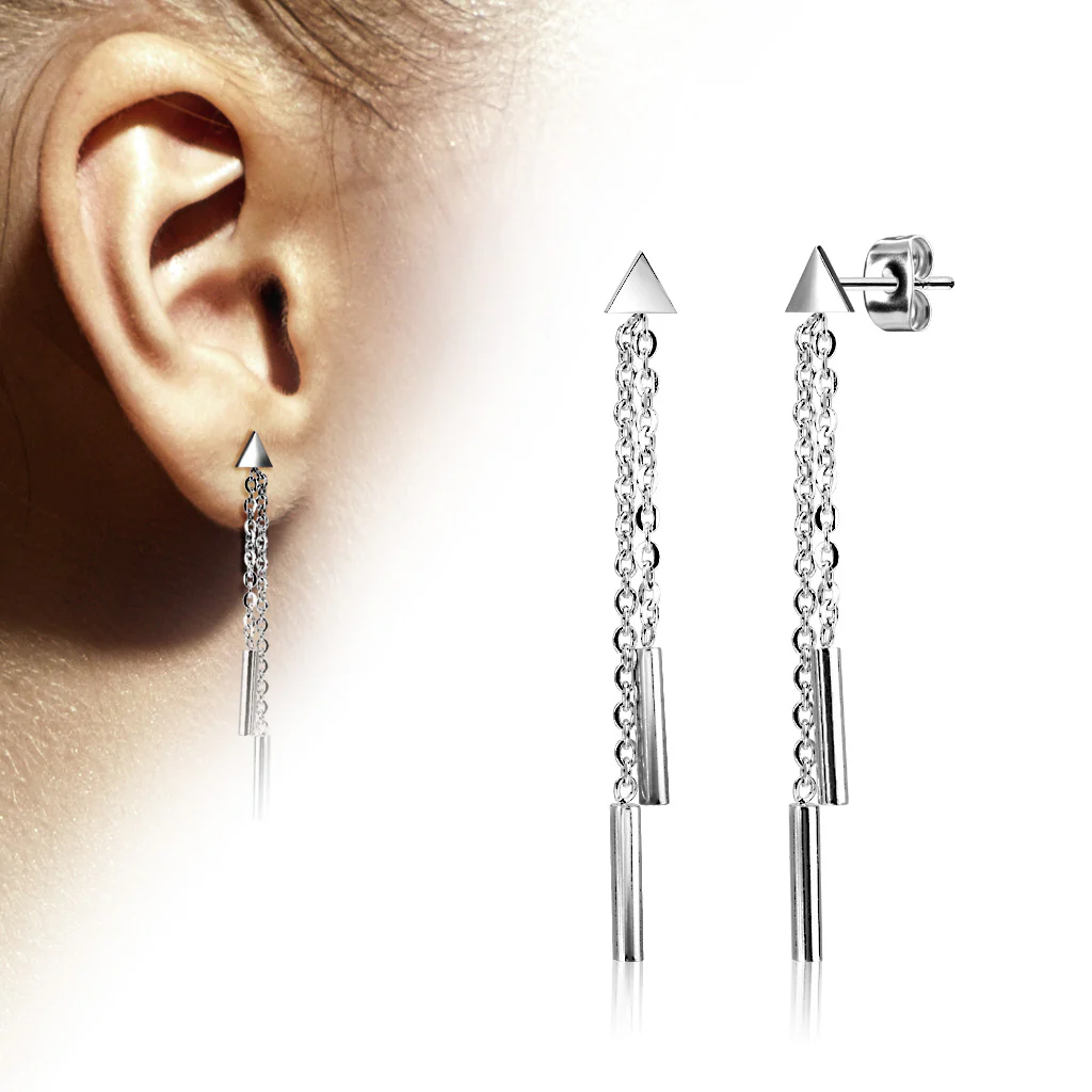 Pair of Triangle 2 Chain Drop Round Bar Earring Studs - Image 3