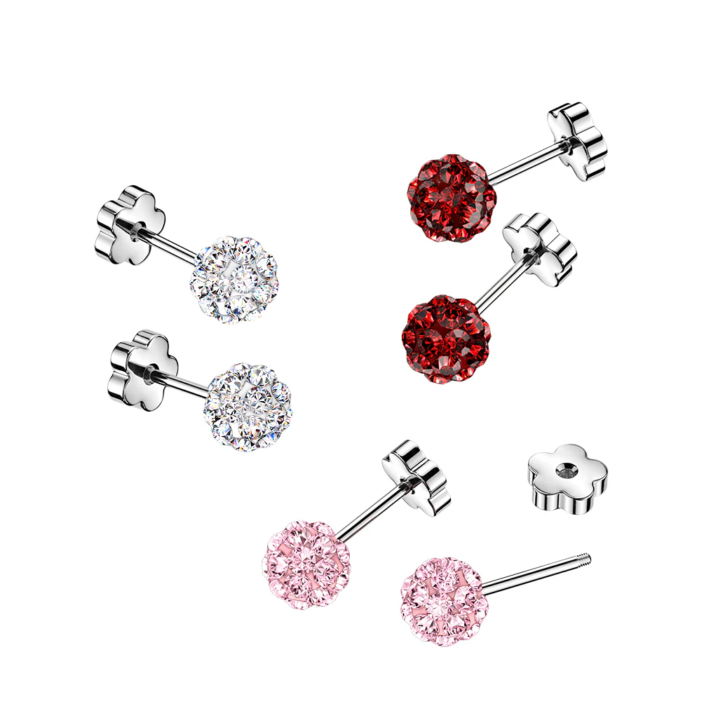 Pair Pave Ferido Ball Earring Studs With Flower Screw Back Cartilage Tragus - Image 5