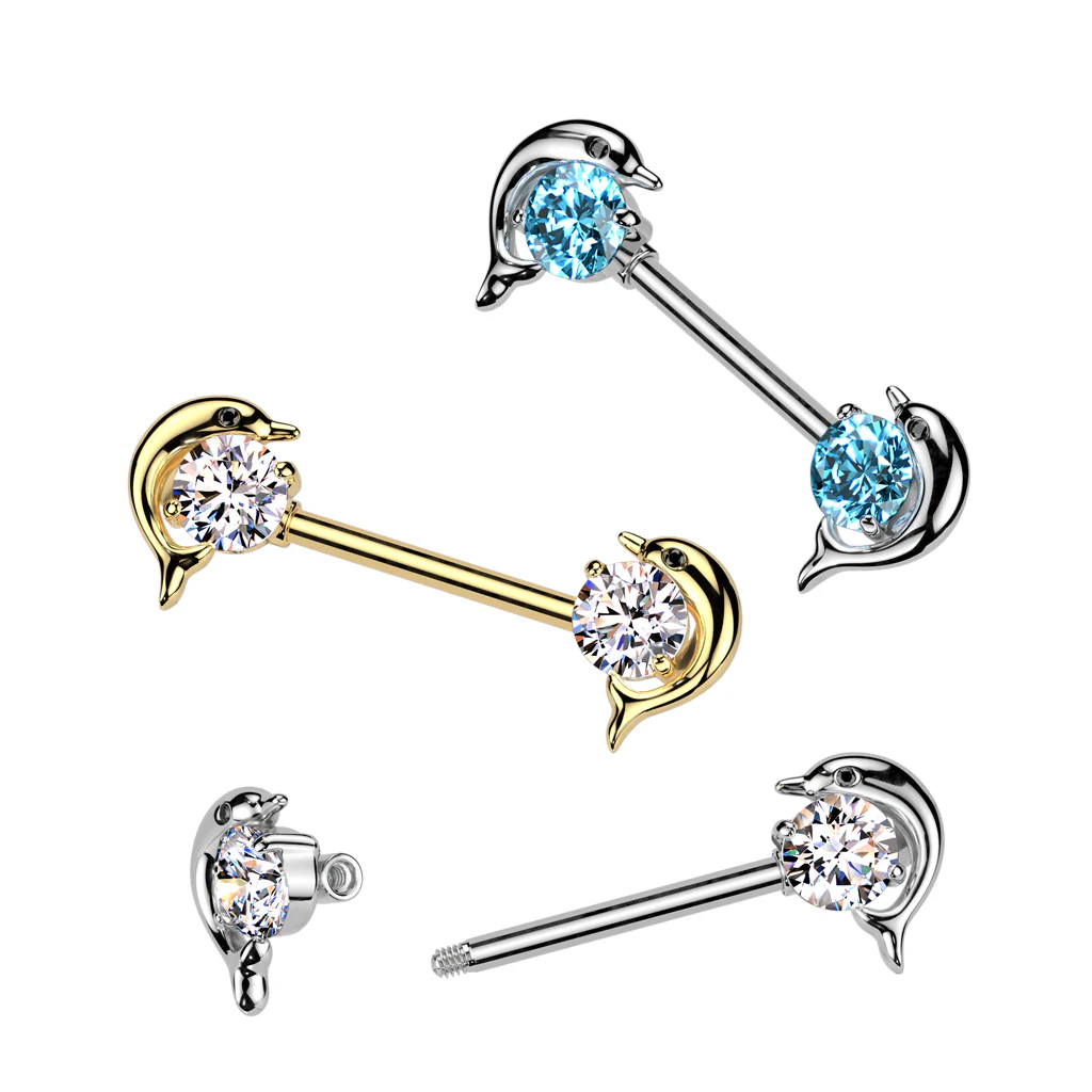 Pair Dolphin CZ Ends Surgical Steel Nipple Barbell - Image 2