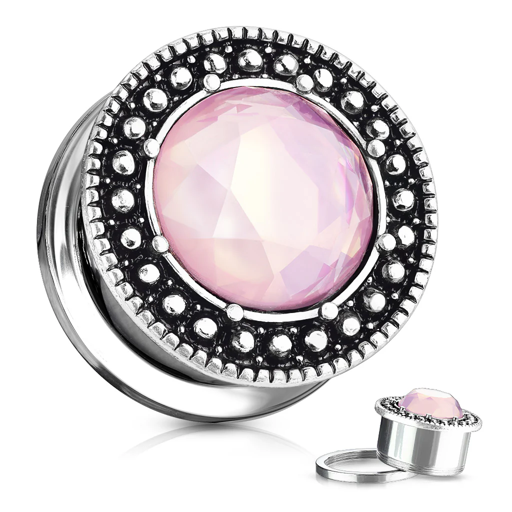 Pair Pink Glass Stone With Burnish Shield Screw Fit Flesh Tunnels Ear Plugs - Image 2