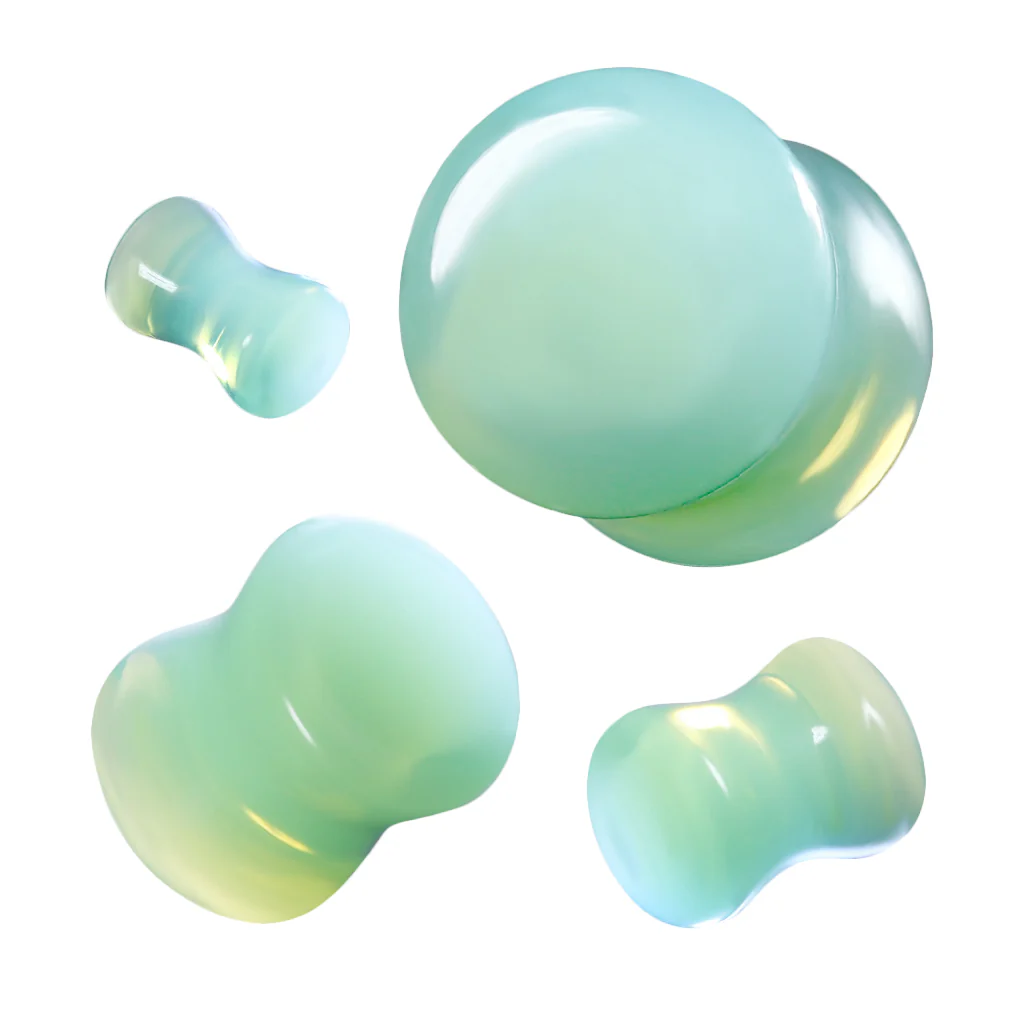 Pair Green Opalite Glass Double Flare Ear Plugs - Image 2