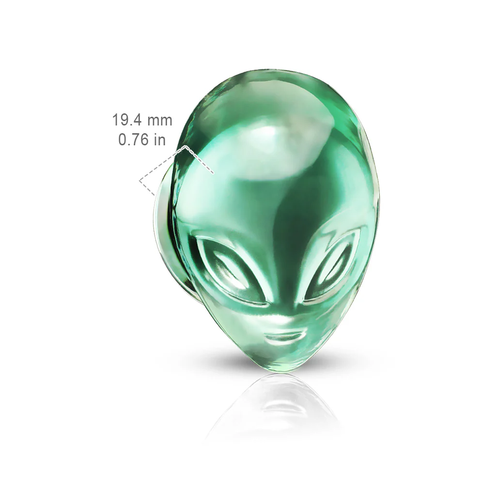 Pair Pyrex Glass Green Alien Face Double Flare Ear Plugs - Image 3