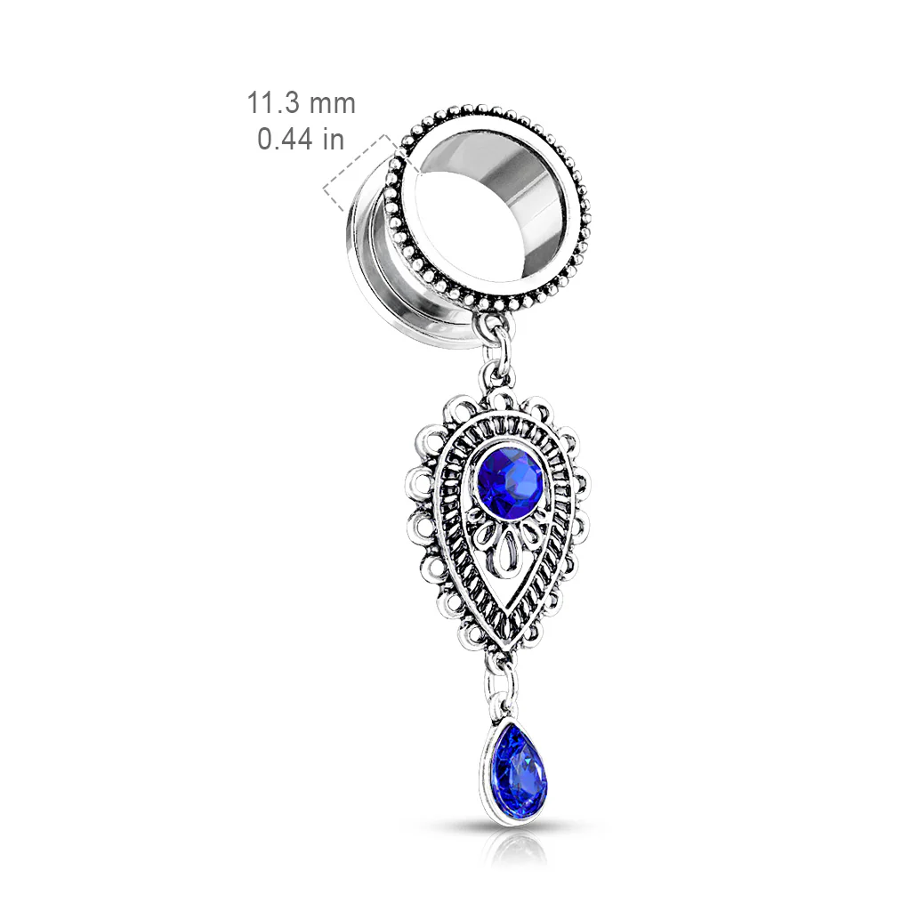 Pair Sapphire Blue Stone Tear Drop Charm Dangle Screw Fit Ear Flesh Tunnel Ear Plugs - Image 2