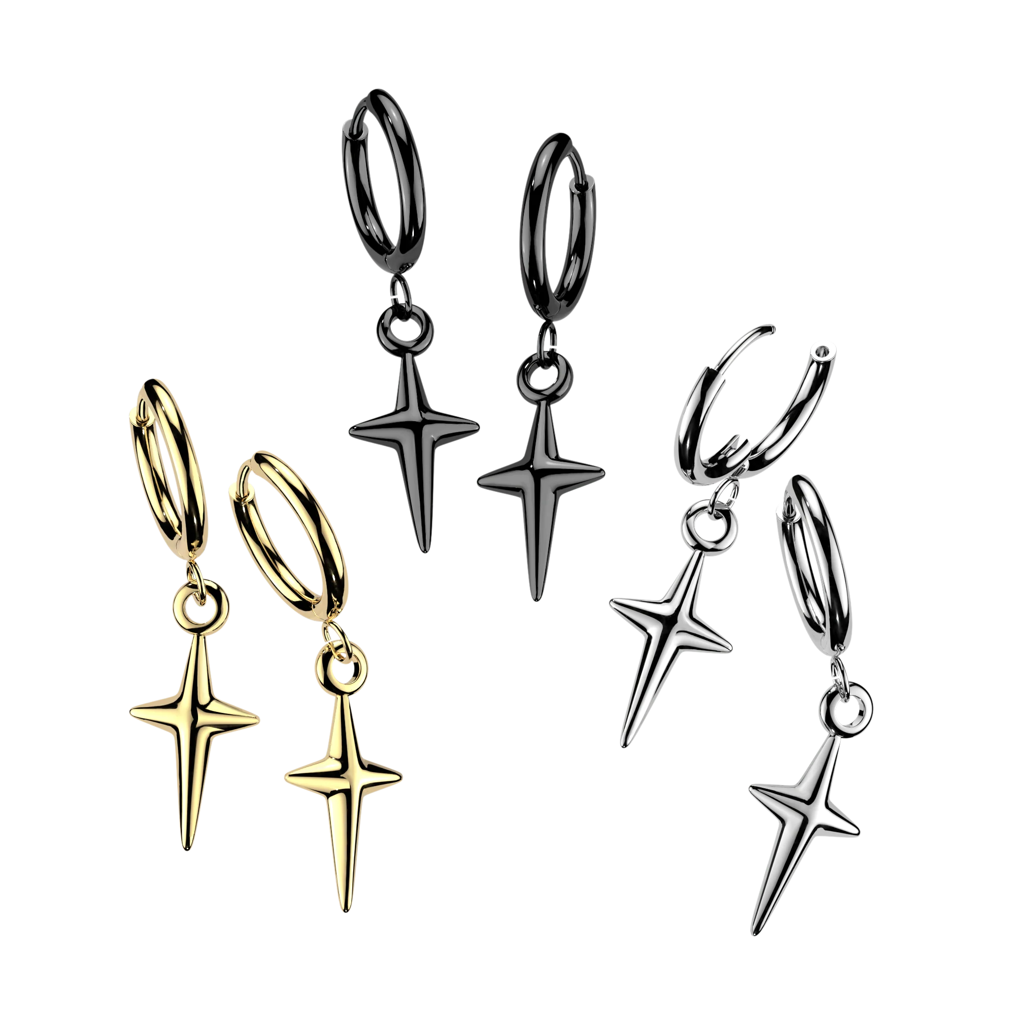 Pair Solid Star Cross Hinged Hoop Earrings Ear Cartilage Tragus - Image 3