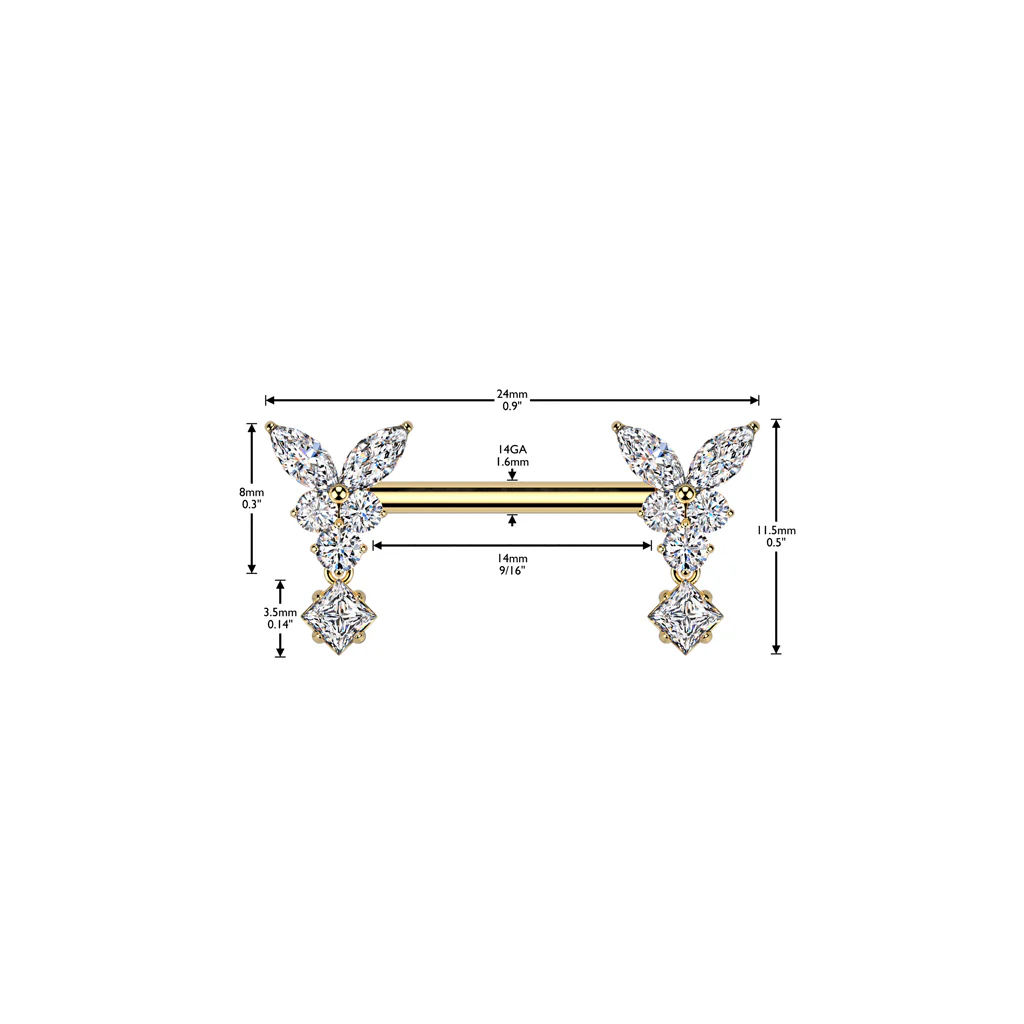 Pair Threadless Nipple Barbell Ring With Butterfly CZ Dangle - Image 2