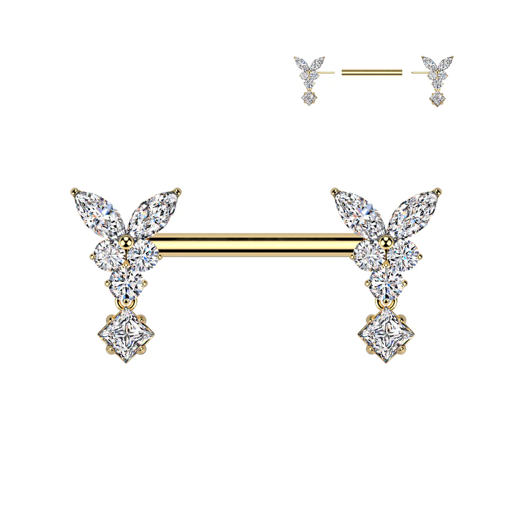 Pair Threadless Nipple Barbell Ring With Butterfly CZ Dangle - Image 3