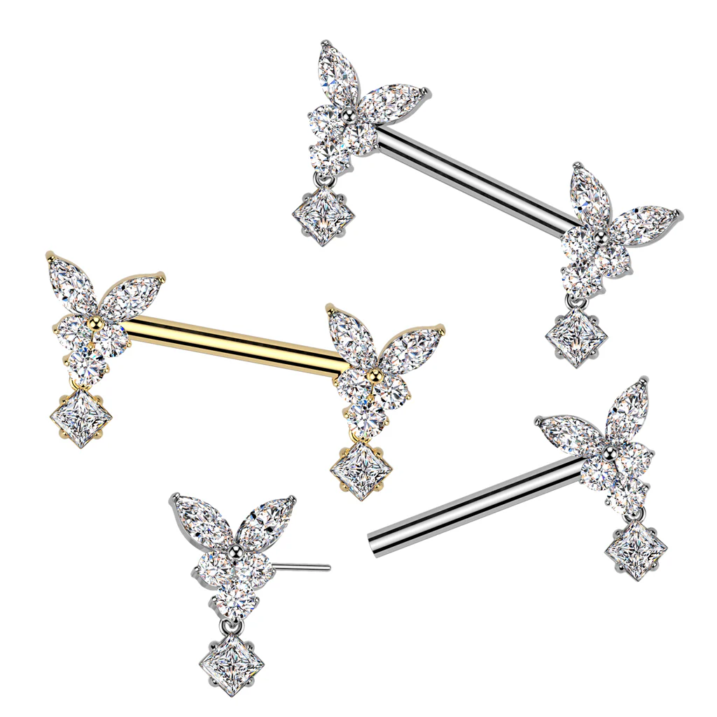 Pair Threadless Nipple Barbell Ring With Butterfly CZ Dangle - Image 4