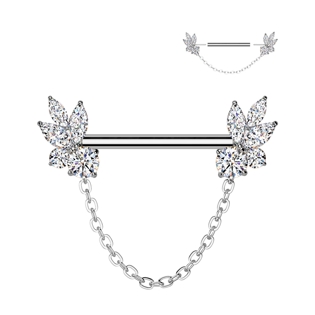 Pair Threadless Nipple Barbell Ring With Marquise CZ Chain Dangle
