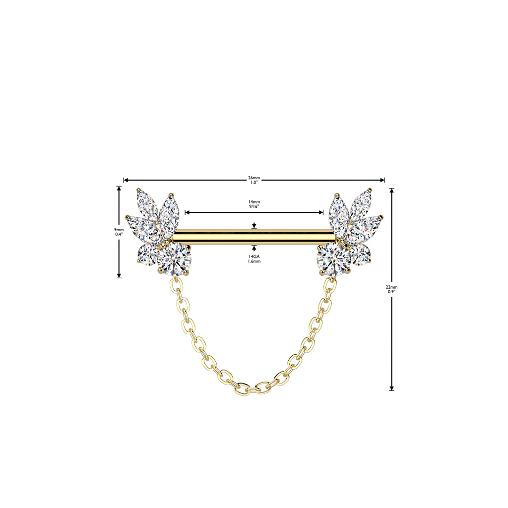 Pair Threadless Nipple Barbell Ring With Marquise CZ Chain Dangle - Image 2