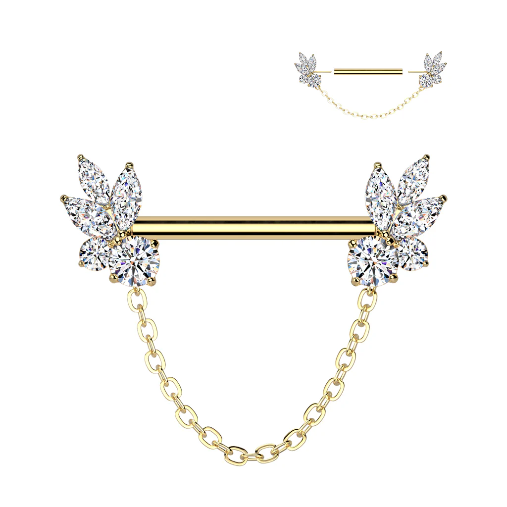 Pair Threadless Nipple Barbell Ring With Marquise CZ Chain Dangle - Image 3