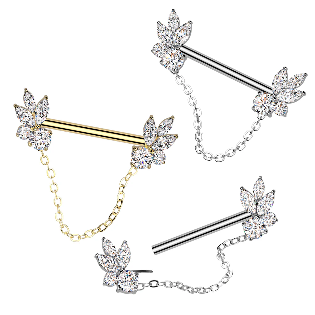 Pair Threadless Nipple Barbell Ring With Marquise CZ Chain Dangle - Image 4