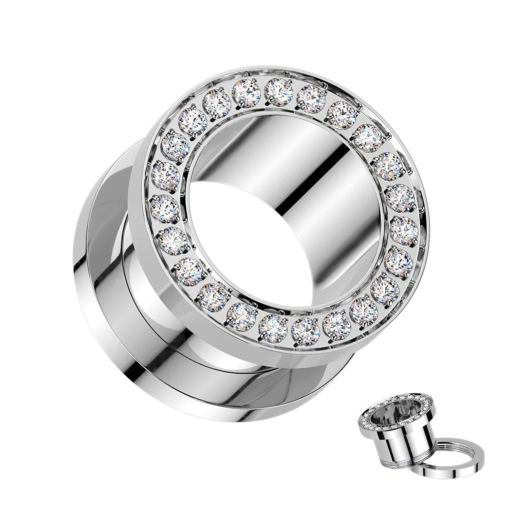 Pair Titanium CNC Set CZ Rim Double Flare Screw Fit Ear Tunnel