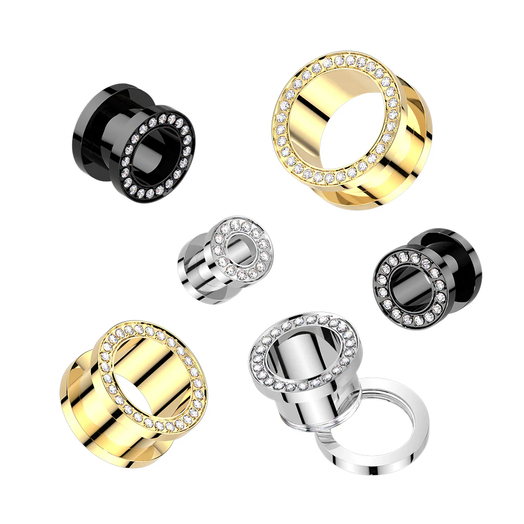 Pair Titanium CNC Set CZ Rim Double Flare Screw Fit Ear Tunnel - Image 3