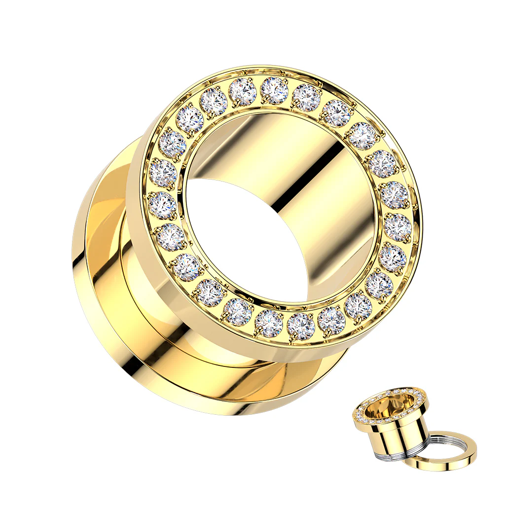 Pair Titanium CNC Set CZ Rim Double Flare Screw Fit Ear Tunnel - Image 6