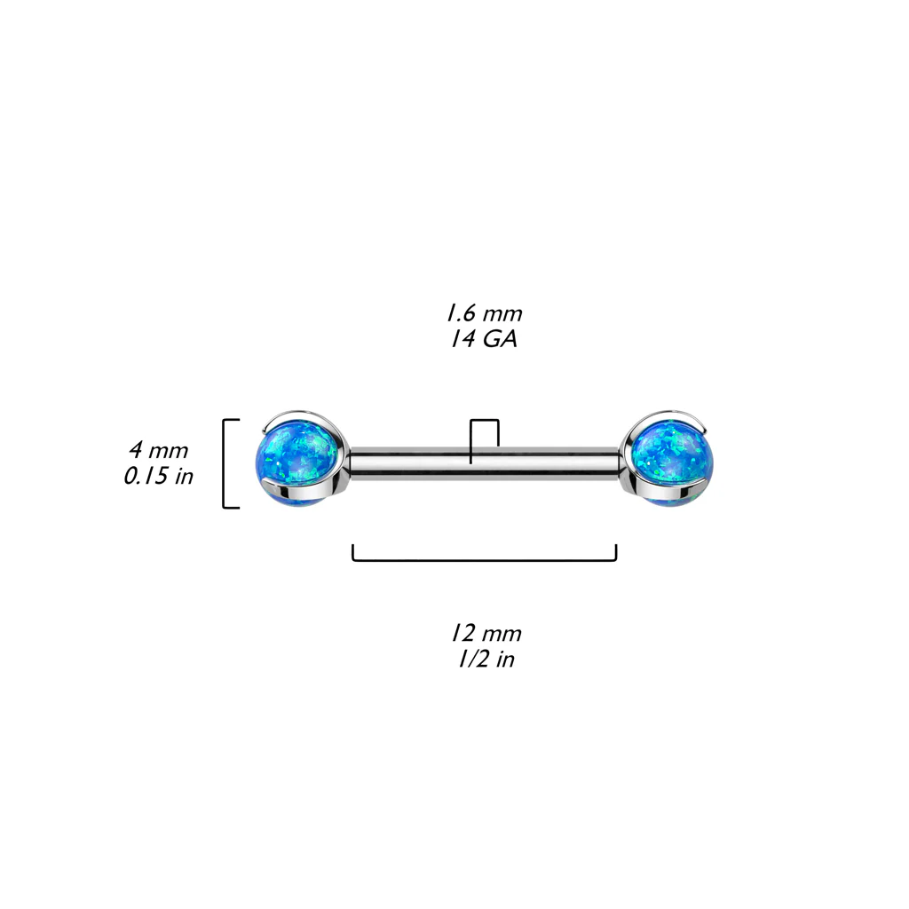 Pair Titanium Internally Threaded Nipple Barbell With Claw Set Opal Ball Ends - Image 2