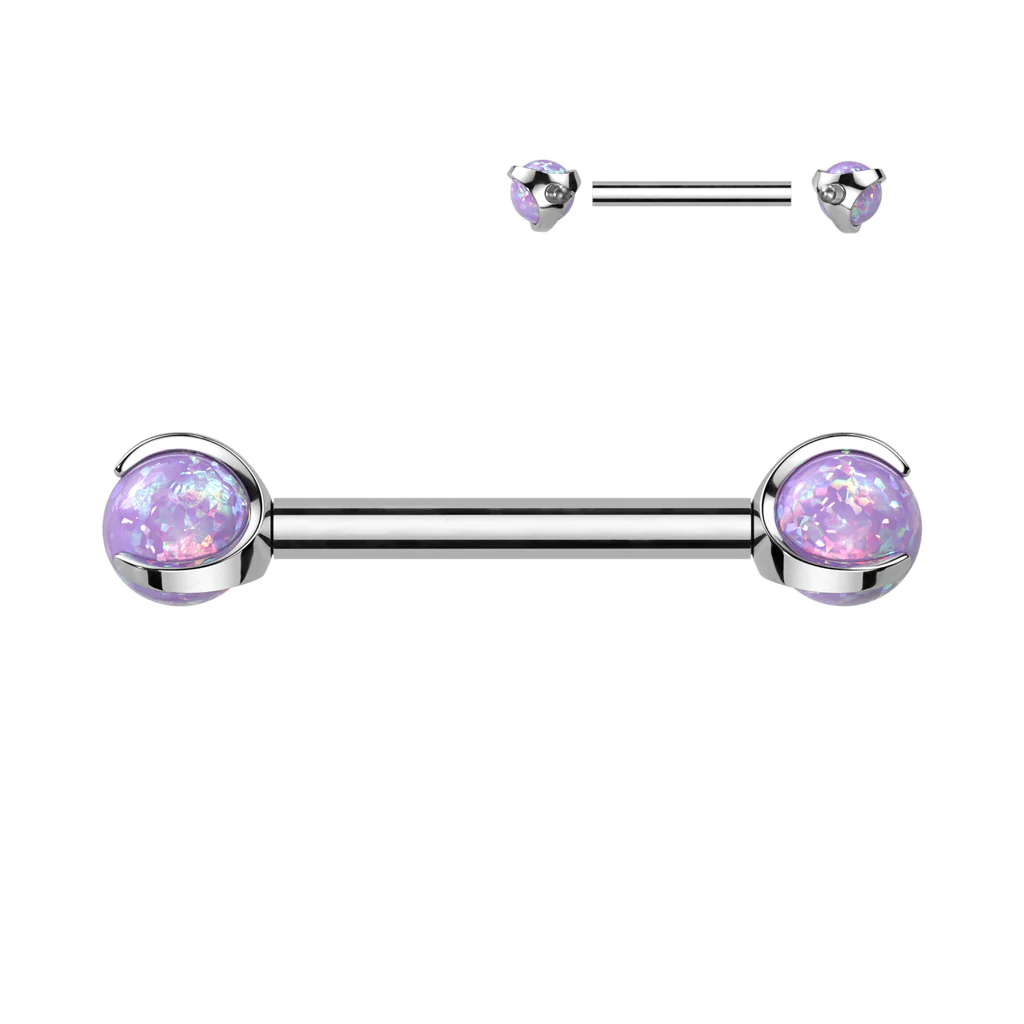 Pair Titanium Internally Threaded Nipple Barbell With Claw Set Opal Ball Ends - Image 3