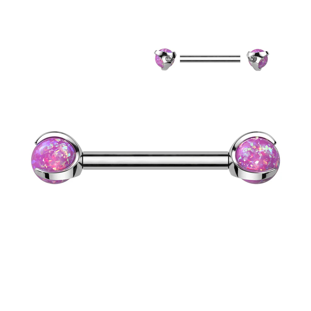 Pair Titanium Internally Threaded Nipple Barbell With Claw Set Opal Ball Ends - Image 4