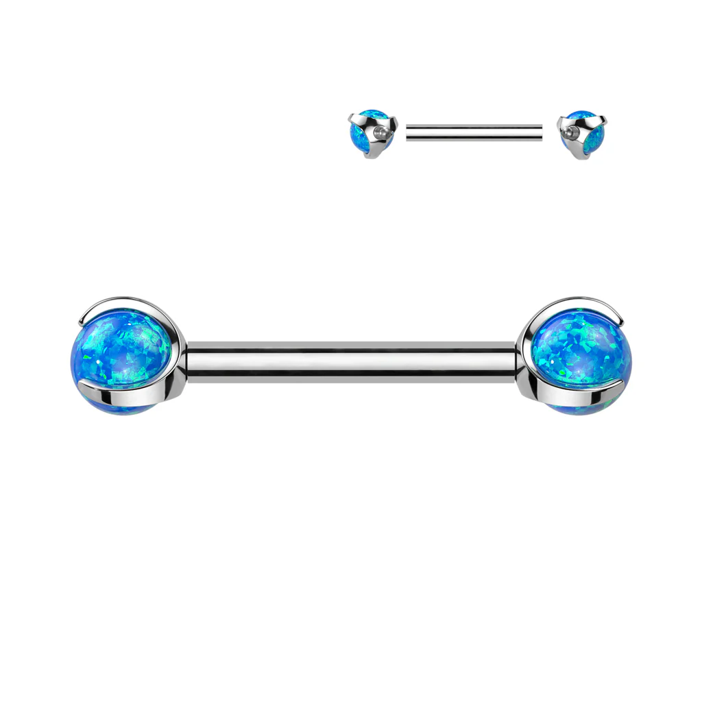 Pair Titanium Internally Threaded Nipple Barbell With Claw Set Opal Ball Ends - Image 5