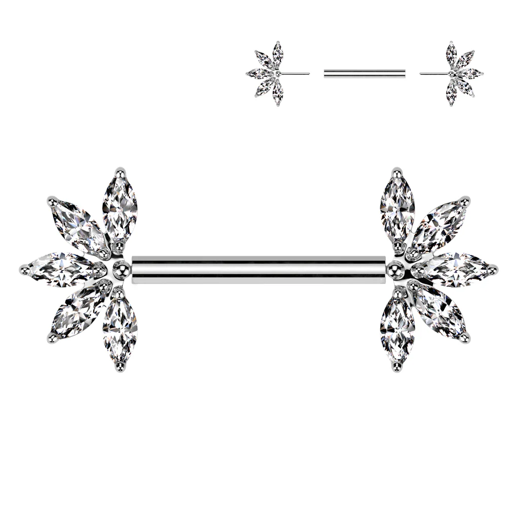 Pair Titanium Threadless Push In Marquise CZ Nipple Barbell