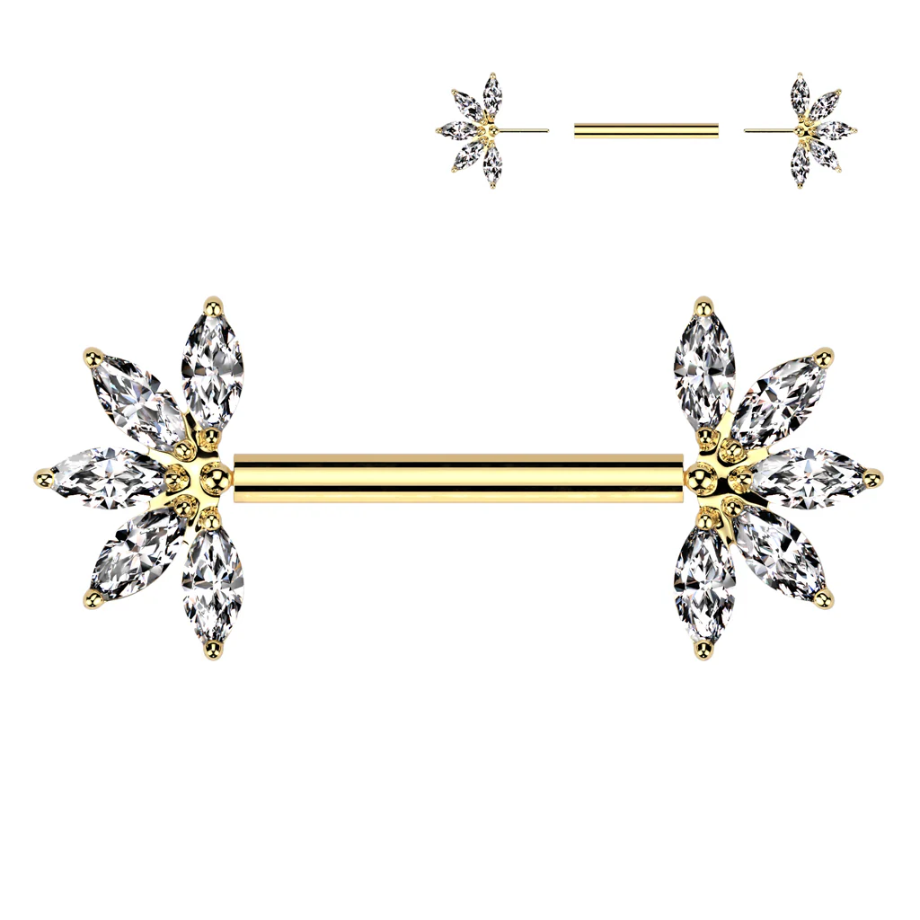 Pair Titanium Threadless Push In Marquise CZ Nipple Barbell - Image 2