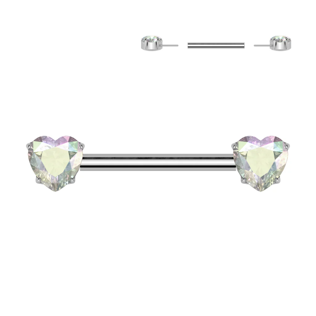 Pair Titanium Threadless Push In Nipple Barbell With Heart CZ Round End