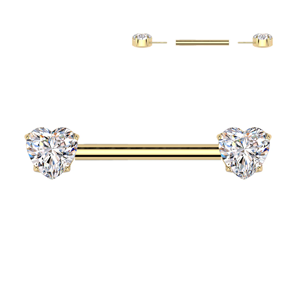 Pair Titanium Threadless Push In Nipple Barbell With Heart CZ Round End - Image 3
