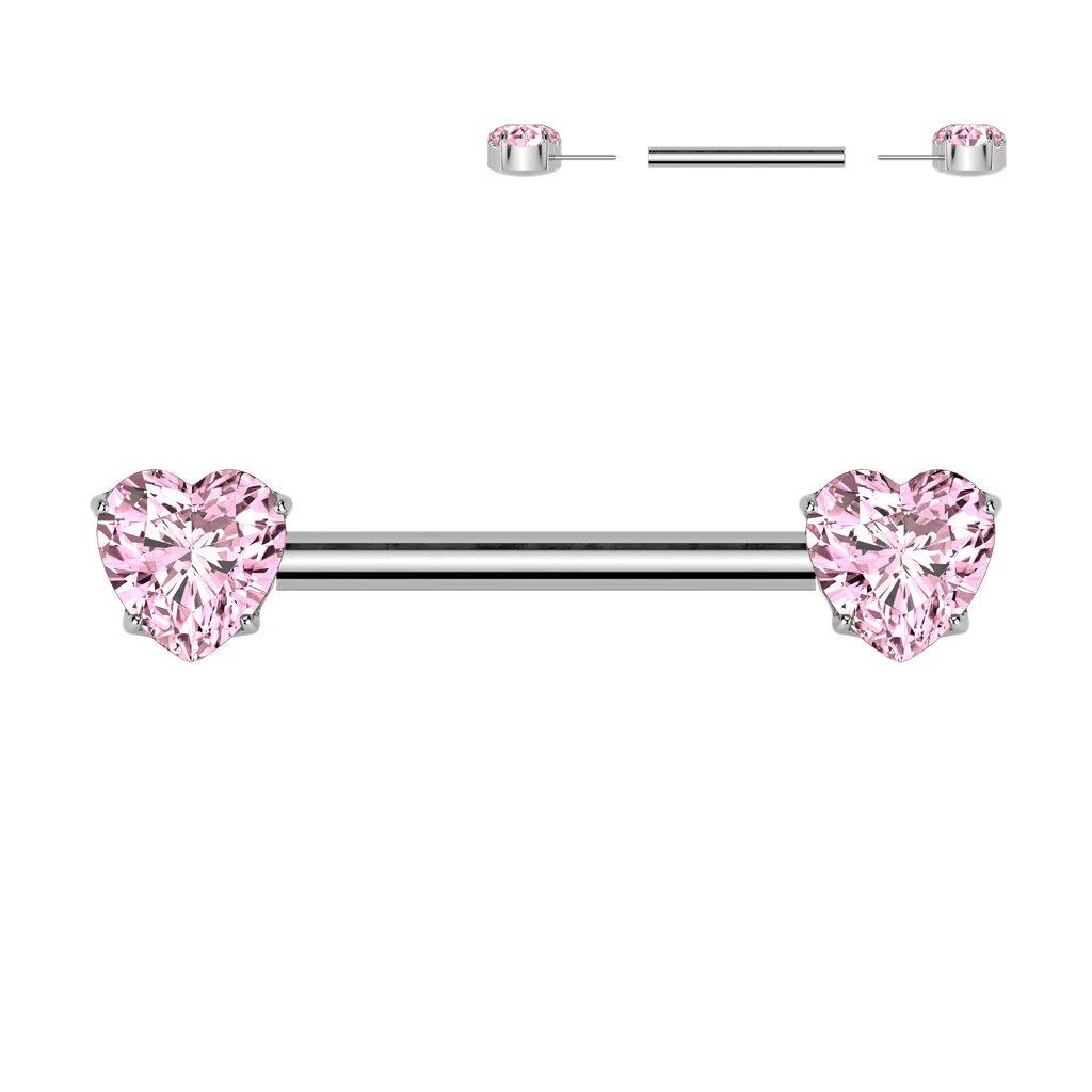 Pair Titanium Threadless Push In Nipple Barbell With Heart CZ Round End - Image 4