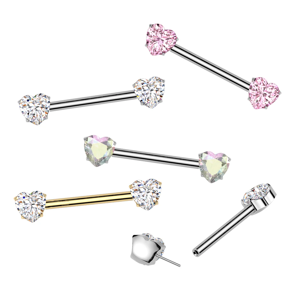 Pair Titanium Threadless Push In Nipple Barbell With Heart CZ Round End - Image 6