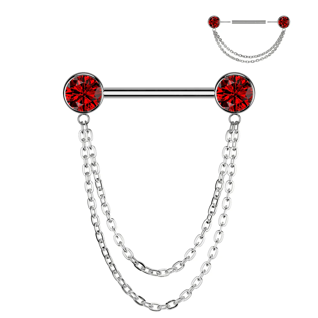 Pair Titanium Threadless Push in Nipple Barbell With CZ Chain Dangle - Image 2