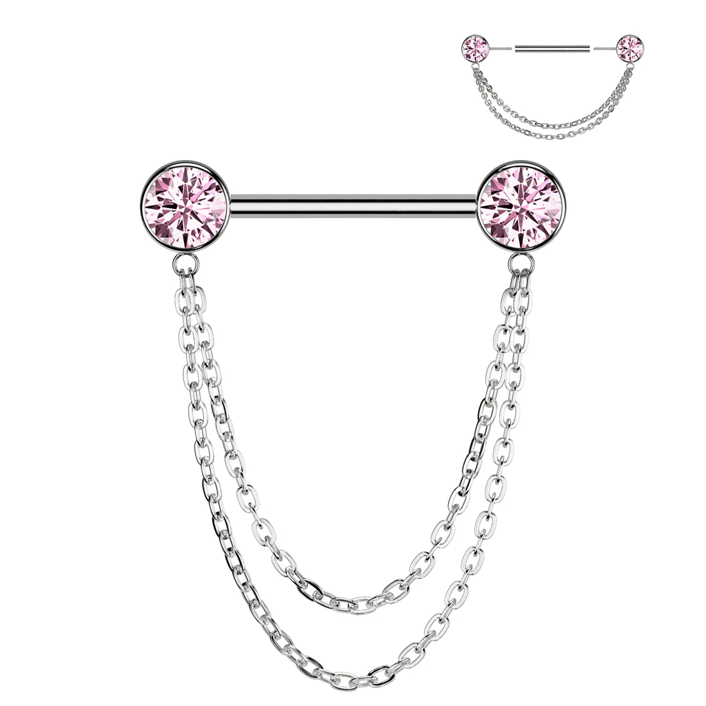 Pair Titanium Threadless Push in Nipple Barbell With CZ Chain Dangle - Image 3