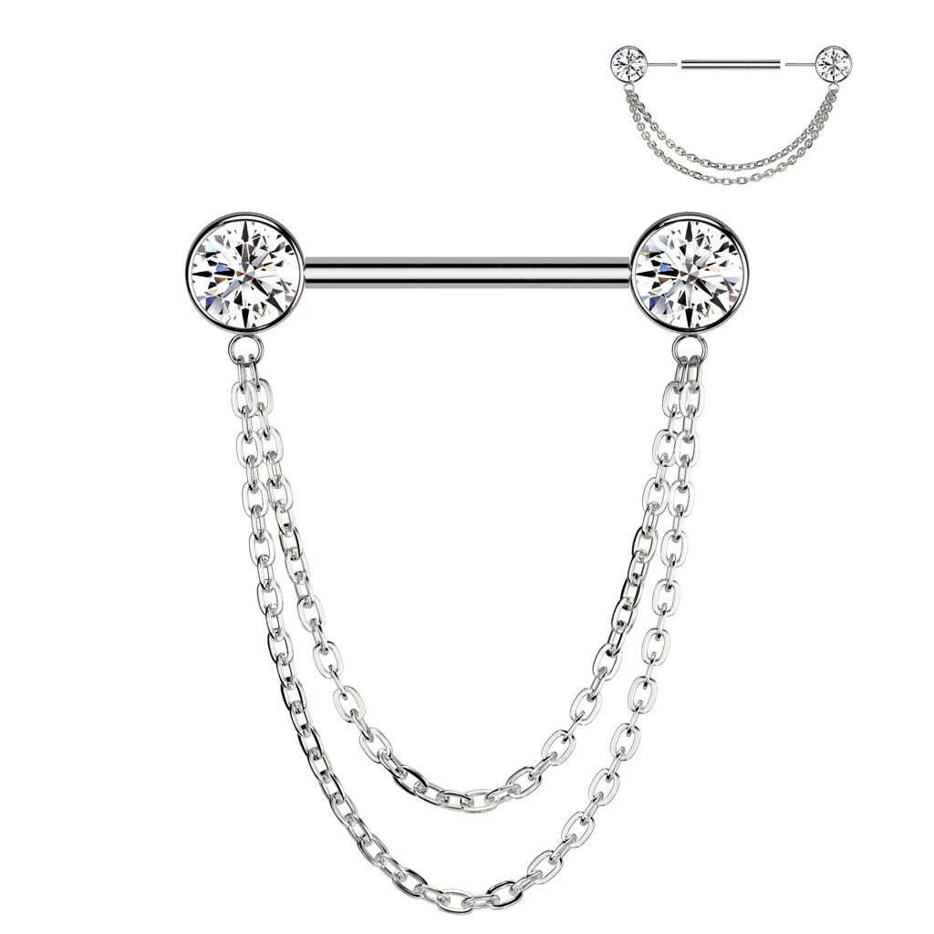 Pair Titanium Threadless Push in Nipple Barbell With CZ Chain Dangle - Image 4