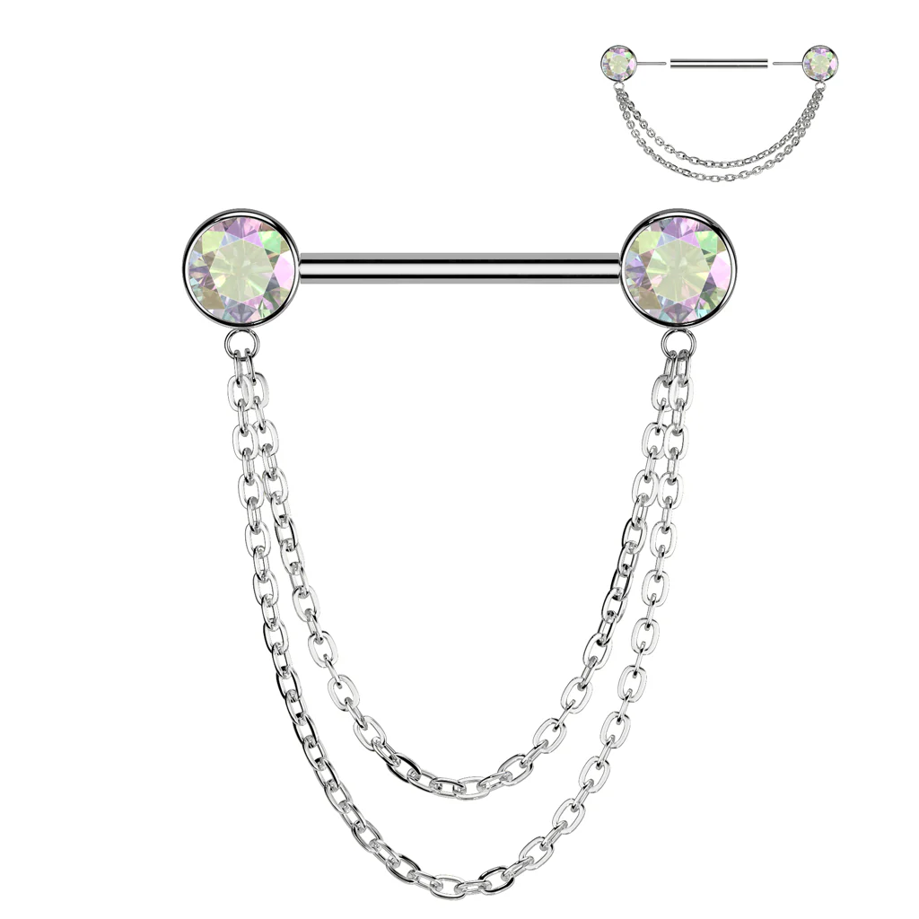 Pair Titanium Threadless Push in Nipple Barbell With CZ Chain Dangle - Image 5