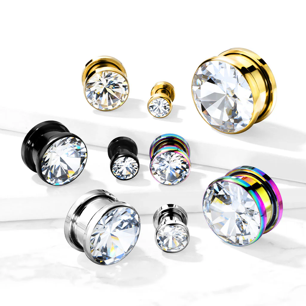 Pair Zircon Bezel Set Screw Fit Flesh Tunnel Ear Plugs - Image 2