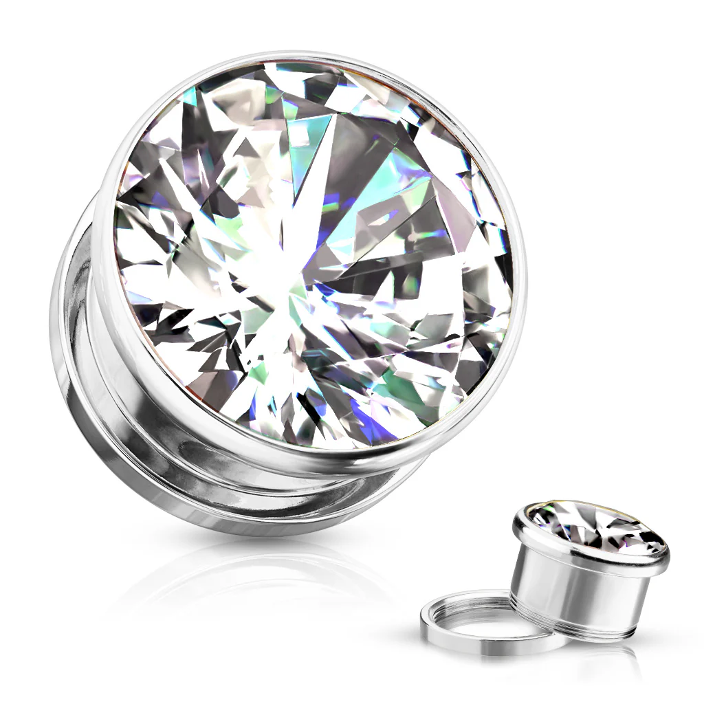 Pair Zircon Bezel Set Screw Fit Flesh Tunnel Ear Plugs - Image 7