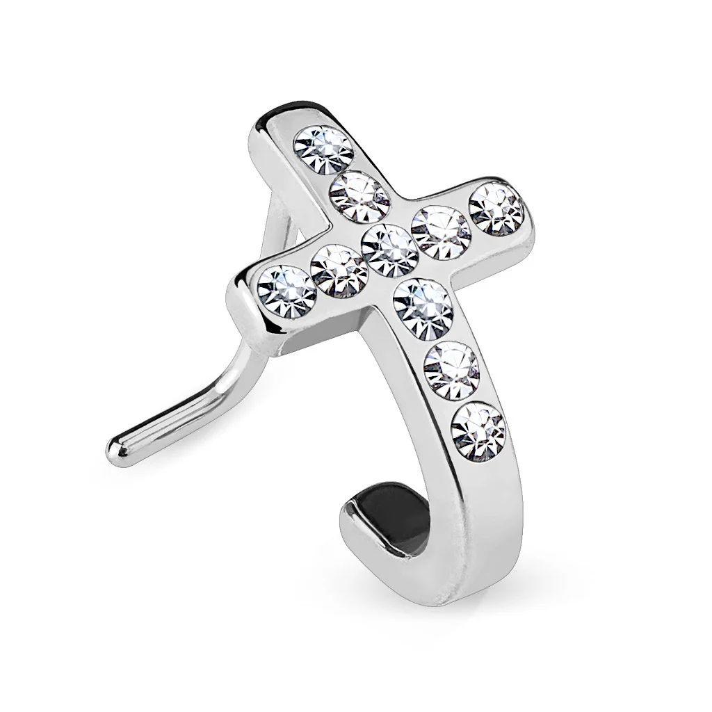 Pave Crystals Cross 316L Surgical Steel "L" Bend Nose Stud Rings - Image 2