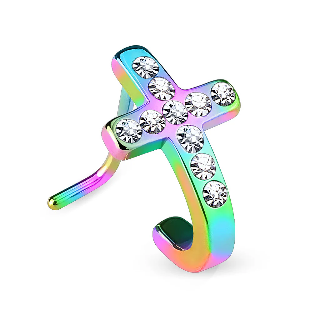 Pave Crystals Cross 316L Surgical Steel "L" Bend Nose Stud Rings - Image 6