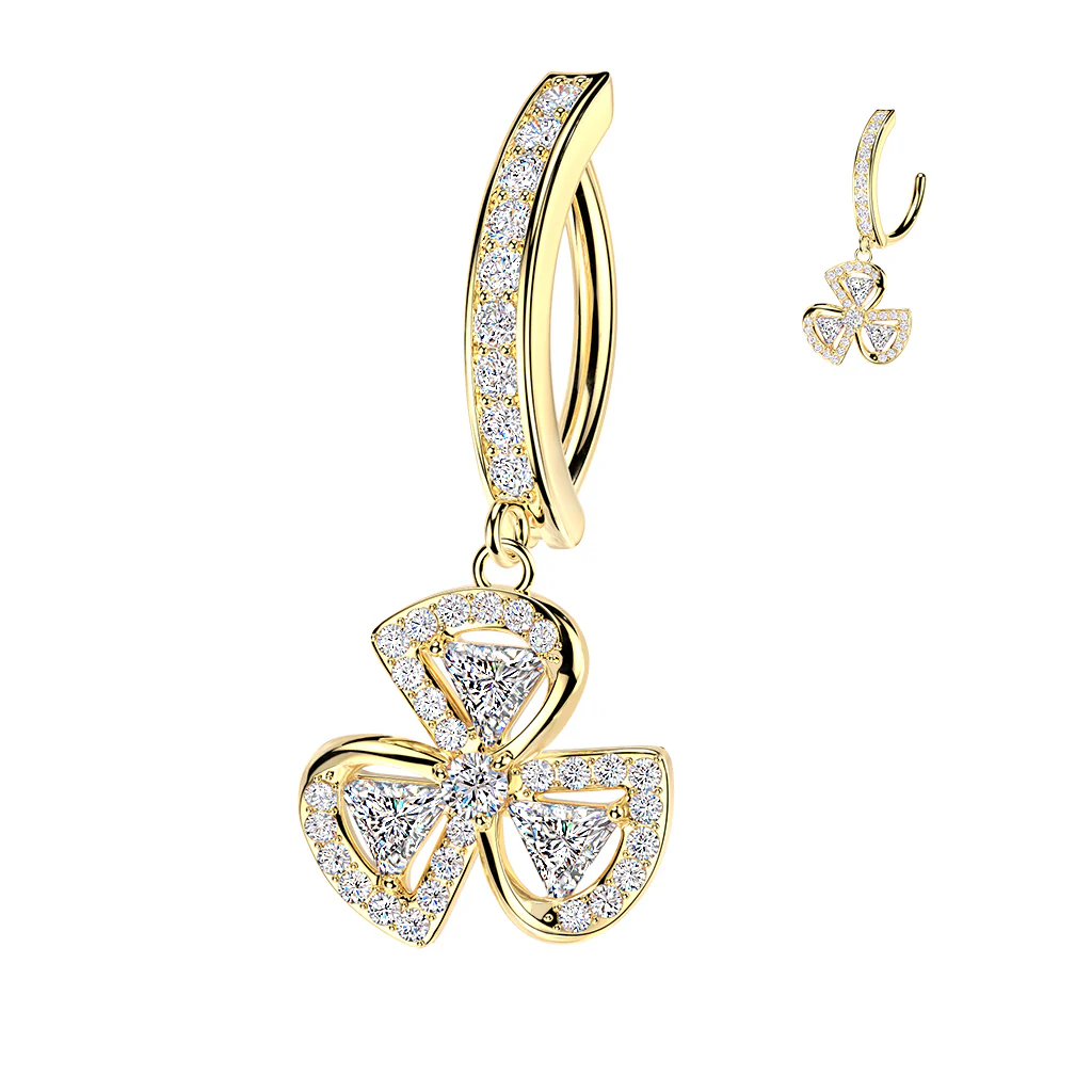 Pave CZ & Leaf Clover Dangle Hinged Comfortable Belly Button Ring